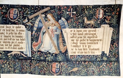 Zawieszenie Apokalipsy (1373-1383), aniołowie niosący narzędzia Męki Pańskiej. Gobelin Nicolasa Bataille