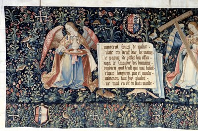 Powieszenie Objawienia (1373-1383), aniołowie niosący narzędzia Męki Pańskiej. Gobelin autorstwa Nicolasa Bataille