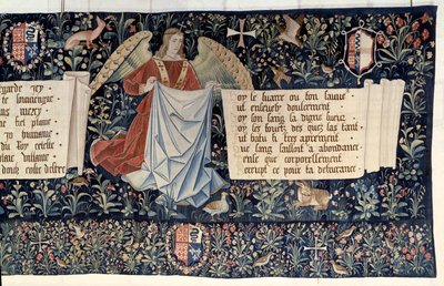 Powieszenie Objawienia (1373-1383), aniołowie niosący narzędzia Męki Pańskiej. Gobelin autorstwa Nicolasa Bataille