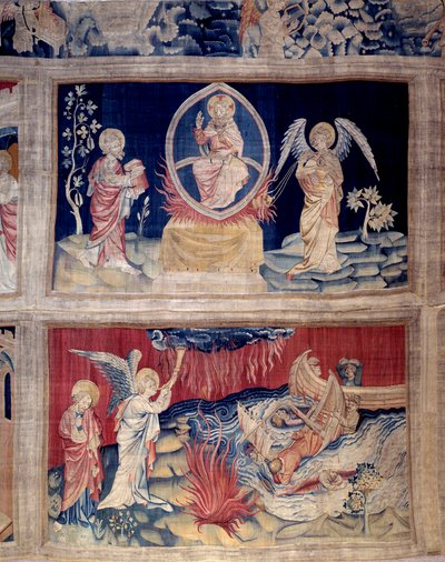 Kurtyna Objawienia (1373-1383), nr. 15 i 18: Bóg i św. Jan płaczą, gdy widzą katastrofę. Gobelin autorstwa Nicolasa Bataille