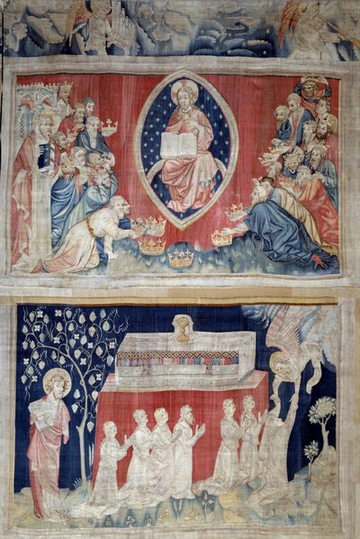 Zasłona Objawienia (1373-1383), nr. 5: starcy padają na twarz przed Chrystusem w majestacie (Jezus Chrystus w chwale jest przedstawiony w mandorli). N. 11: dusze męczenników. Gobelin autorstwa Nicolasa Bataille