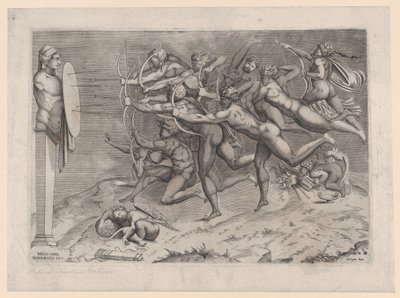 Nadzy łucznicy strzelający do tarczy przymocowanej do hermy, pod nią śpi Kupidyn, ewent...., ca. 1540-60. autorstwa Nicolas Beatrizet