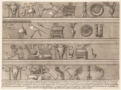 Lustro rzymskiej wspaniałości: instrumenty ofiarne oparte na starożytnych reliefach Sc..., ca. 1550-75. autorstwa Nicolas Beatrizet.