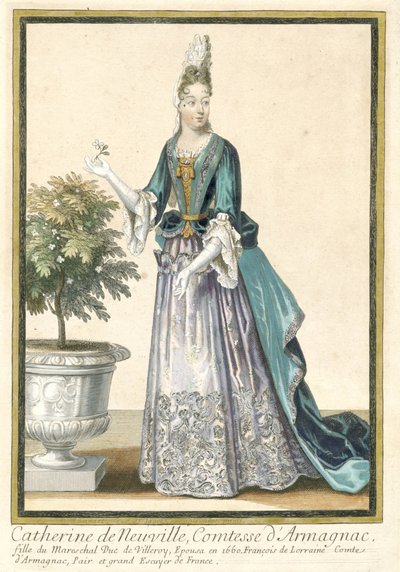 Francuskie grafiki propagujące francuską modę : Portret Catherine de Neuville, hrabiny Armagnac Katarzyna de Neuville, hrabina Armaniaku, ubrana zgodnie z francuską modą ca. 1685 autorstwa Nicolas Bonnart (fils)