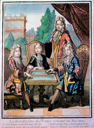 Wnukowie Ludwika XIV (1638-1715), księcia Burgundii Ludwika (zm. 1712), księcia Andegaweńskiego Filipa (1683-1746) i księcia Berry Karola z ojcem Ludwikiem (zm. 1711), delfinem Francji, grając w trik (Trictrac lub Trictrac: przodek backga autorstwa Nicolas Bonnart