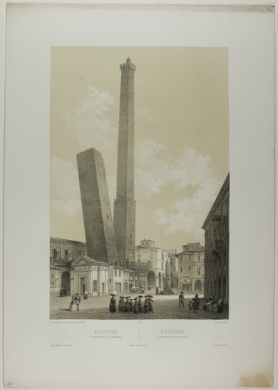 Bolonia: wieże Asinelli i Garisenda, płyta 40 z Italie Monumentale et Pittoresque autorstwa Nicolas Chapuy