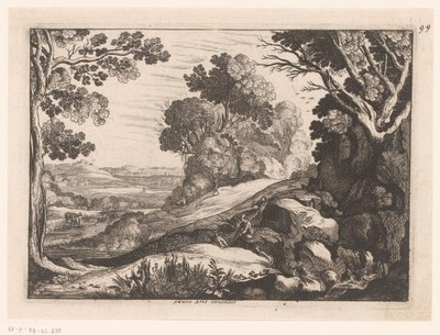 Pagórkowaty krajobraz z dwoma pasterzami kóz Wyidealizowane krajobrazy (tytuł serii) autorstwa Nicolas Cochin (attributed to)