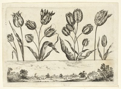 Kwiaty i scena polowania, z Livre Nouveau de Fleurs... autorstwa Nicolas Cochin