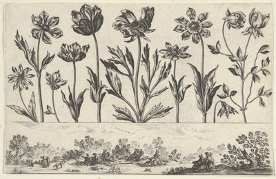Panel poziomy z rzędem kwiatów nad fryzem z postaciami w krajobrazie, z Li..., 1645. autorstwa Nicolas Cochin