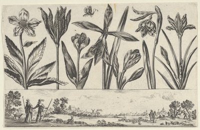 Panel poziomy z rzędem kwiatów nad fryzem z postaciami w krajobrazie, z Li..., 1645. autorstwa Nicolas Cochin
