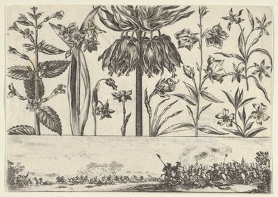 Panel poziomy z rzędem kwiatów nad fryzem ze sceną bitewną w pejzażu, ..., 1645. autorstwa Nicolas Cochin