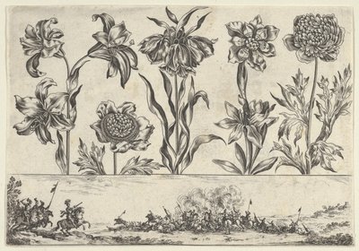Pozioma tablica z rzędem kwiatów nad fryzem ze sceną bitewną w pejzażu, ..., 1645. autorstwa Nicolas Cochin