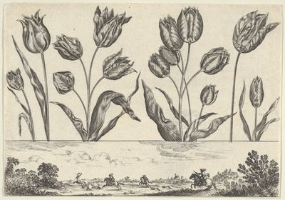 Panel poziomy z rzędem kwiatów nad fryzem ze sceną polowania w pejzażu,..., 1645. autorstwa Nicolas Cochin