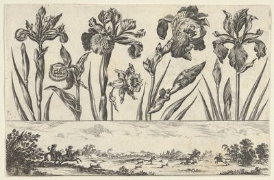 Panel poziomy z rzędem kwiatów nad fryzem ze sceną polowania w krajobrazie,..., 1645. autorstwa Nicolas Cochin