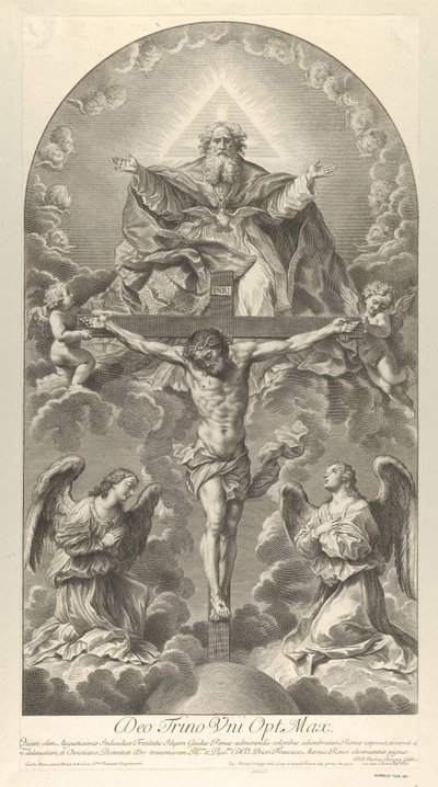 Trójca Święta, Chrystus na krzyżu w otoczeniu dwóch aniołów, Duch Święty jako gołębica i..., 1702. autorstwa Nicolas Dorigny