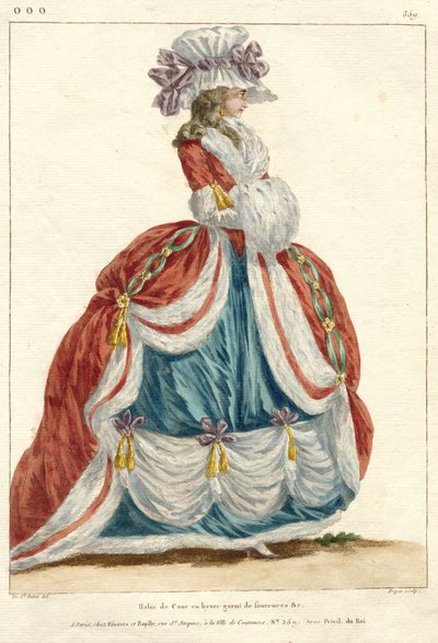 Maria Antonina: Królowa mody: francuska galeria mody i kostiumów Gallerie des Modes et Costumes Francais, 1787, ooo.359, Strój dworski zimą (tytuł na obiekcie) autorstwa Nicolas Dupin