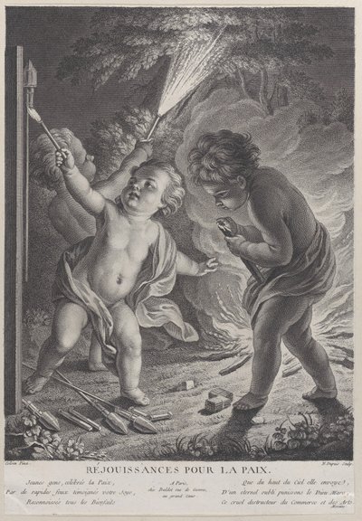 Świętowanie pokoju Świętowanie pokoju, trzy putta z fajerwerkami, 1745-71., 1745-71. autorstwa Nicolas Gabriel Dupuis