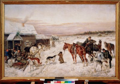 Przed pubem zimą - Obraz Nikołaja Jegorowicza Sverchkova (Nicolas Swertschkoff) (1817-1898), olej na płótnie autorstwa Nicolas Gregorovitch Svertschkoff