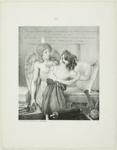 Geniusz litografii, z L’Art de la litographie Aloisa Senefeldera autorstwa Nicolas Henri Jacob