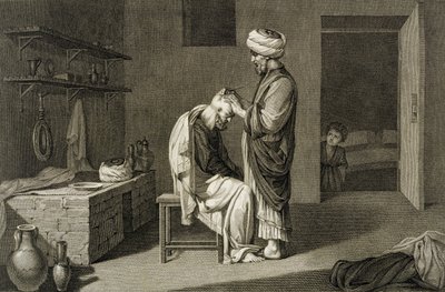 Cyrulik, z tomu II Sztuka i rzemiosło „Opis Egiptu”, ryty przez Etienne Frederica Lignona (1779-1833) wyd. pod rozkazami Napoleona autorstwa Nicolas Jacques (after) Conte