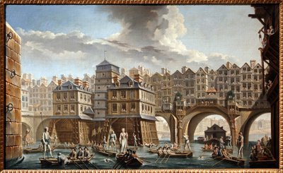 Pojedynek barek między mostem Notre Dame a Pont au Change autorstwa Nicolas and Jean Baptiste Raguenet