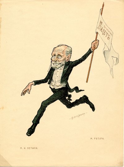 Portret Mariusa Petipy (1818-1910) francuskiego tancerza i choreografa - Litografia Nikołaja Gustawowicza Legata (1869-1937), zaczerpnięta z Ballet russe en caricatures autorstwa Nicolas Legat