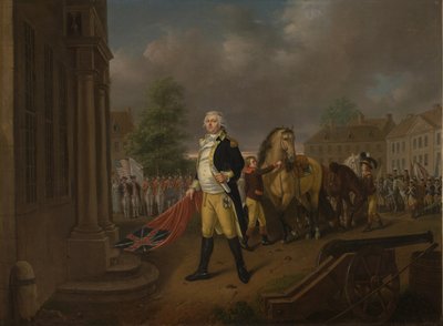 Generał Humphreys przekazujący sztandary zdobyte pod Yorktown do Sali Kongresowej w Filadelfii autorstwa Nicolas Louis Albert Delerive