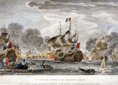 Wojna Ligi Augsburskiej: "Widok bitwy u przylądka Beveziers lub Beachy Head pomiędzy flotami francuską i angielsko-holenderską w dniu 10/07/1690" Rysunek Nicolasa Ozanne
