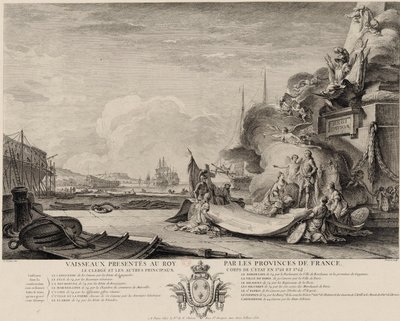 Alegoryczna rycina przedstawiająca dar statków ok. 1762 r. autorstwa Nicolas Ozanne