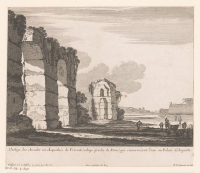 Krajobraz z ruinami i pasterzami krów Vestige des Arcades ou Aqueducs de Friscati (...) (tytuł na obiekcie) autorstwa Nicolas Perelle