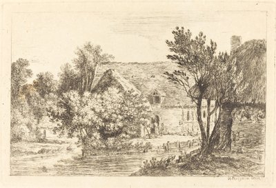 Dom i domek w cieniu nad brzegiem rzeki autorstwa Nicolas Perignon