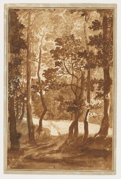 Ścieżka prowadząca na leśną polanę autorstwa Nicolas Poussin