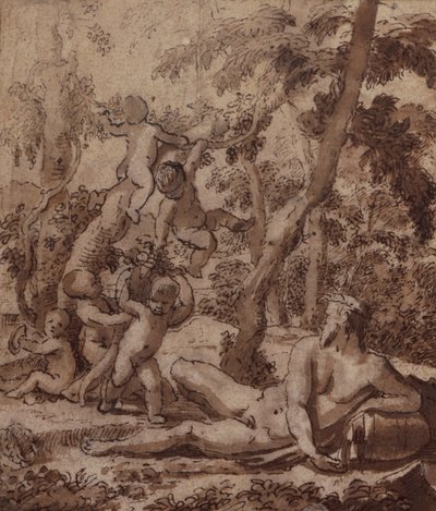 Zalesiony krajobraz z rzecznym bogiem i Putti (pióro i atrament) autorstwa Nicolas Poussin