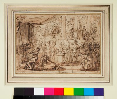 Antyczna Ofiara w Świątyni (pióro i brązowy tusz oraz brązowa farba na czerwonej kredzie) autorstwa Nicolas Poussin