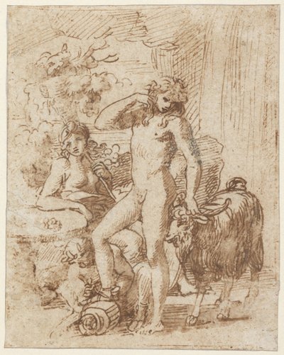 Bachus i Erigone (pióro i tusz z wash on paper) autorstwa Nicolas Poussin