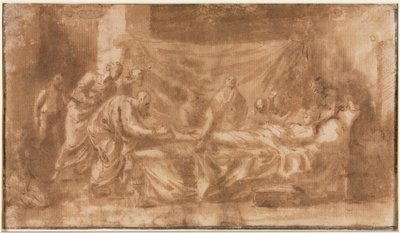 Ostatnie namaszczenie (rekto); Trzy głowy i inne szkice (verso) autorstwa Nicolas Poussin
