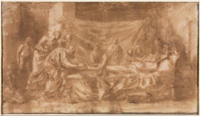 Skrajne namaszczenie prosto, Trzy głowy i inne szkice wers, 1643-1644. autorstwa Nicolas Poussin