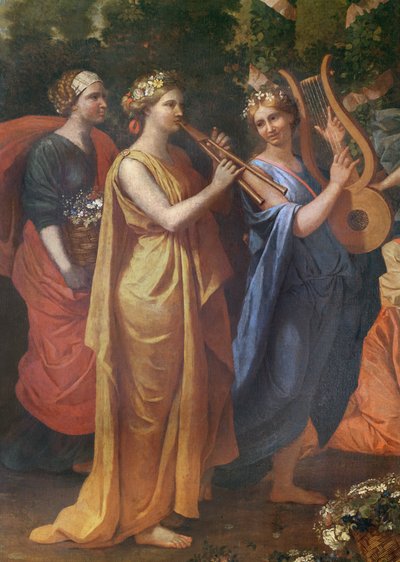 Hymenajos przebrany za kobietę podczas ofiarowania Priapusowi, detal z muzykami, ok. 1634-38 autorstwa Nicolas Poussin