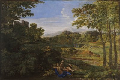 Krajobraz z dwiema nimfami i wężem, ok. 1659 autorstwa Nicolas Poussin