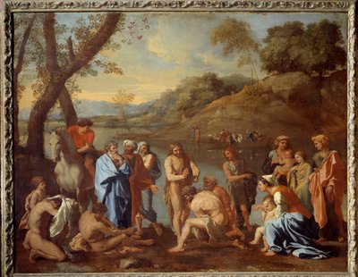Św. Jan chrzczący lud. Święty Jan Chrzciciel pobłogosławił mężczyzn nad rzeką. Obraz Nicolasa Poussina autorstwa Nicolas Poussin