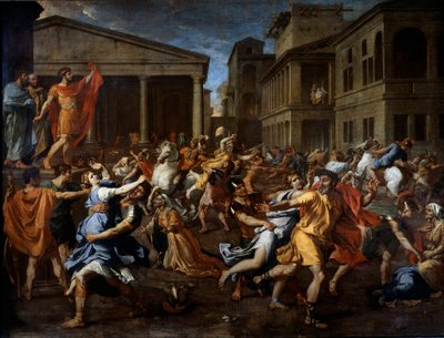Usunięcie sabin przez Rzymian. Romulus po lewej obserwuje scenę. Obraz Nicolasa Poussina autorstwa Nicolas Poussin