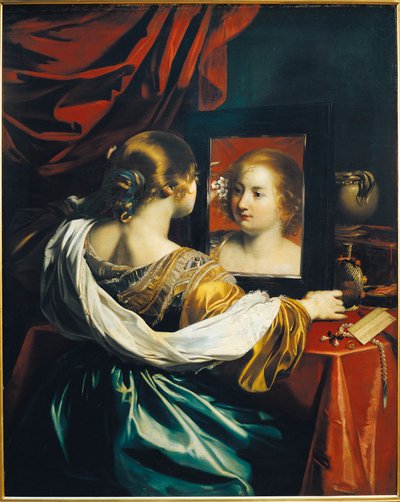 Próżność, Kobieta przy lustrze (olej na płótnie) autorstwa Nicolas Regnier
