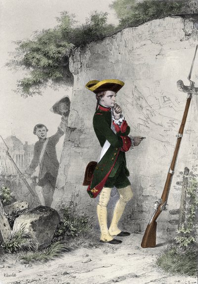 Napoleon I Bonaparte (1769 - 1821) w szkole wojskowej w Brienne w 1783 roku. Rycina Charleta z XIX wieku. autorstwa Nicolas Toussaint Charlet