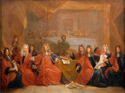 Sołtys kupców i radni miasta Paryża obradujący nad ofertą uczty dla Ludwika XIV ... autorstwa Nicolas de (workshop) Largilliere