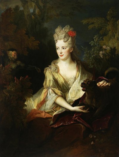 Portret kobiety z psem i małpką autorstwa Nicolas de Largillière