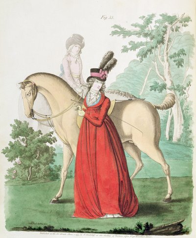 Dama jadąca konno w stroju jeździeckim z Galerii Mody Nikolausa Heideloffa, tom II, czerwiec 1795 (druk) autorstwa Nicolaus von Heideloff
