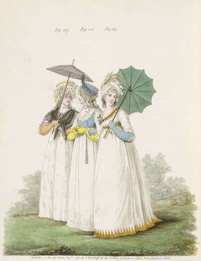 Suknie poranne, fig. 107, 108 i 109 z "Galerii mody" Nikolausa Heideloffa, t. II, sierpień 1796 (druk) autorstwa Nicolaus von Heideloff