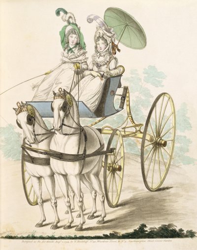 Dwie panie, en negligee, wietrzące się w faetonie, z Galerii Mody Nikolausa Heideloffa, tom I, sierpień 1794 (druk) autorstwa Nicolaus von Heideloff