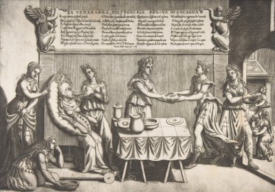 Czcigodna bezczynność, królowa Cockaigne, gruba kobieta siedząca na ruchomym krześle toaletowym będąca..., 1565. autorstwa Nicolo Nelli