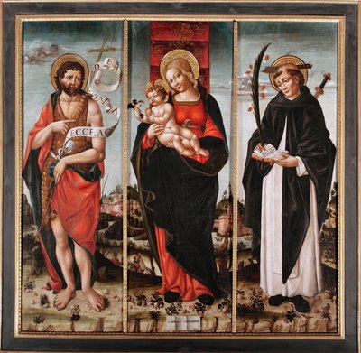 Dziewica z Dzieciątkiem między św. Janem Chrzcicielem a św. Piotrem z Werony (Pietro Martire lub Pietro da Verona, ok. 1205-1252) (Dziewica z Dzieciątkiem ze św. Janem Chrzcicielem i Piotrem z Werony) Tryptyk (Tryptyk) Obraz Niccolo da Cremona autorstwa Nicolo da Cremona